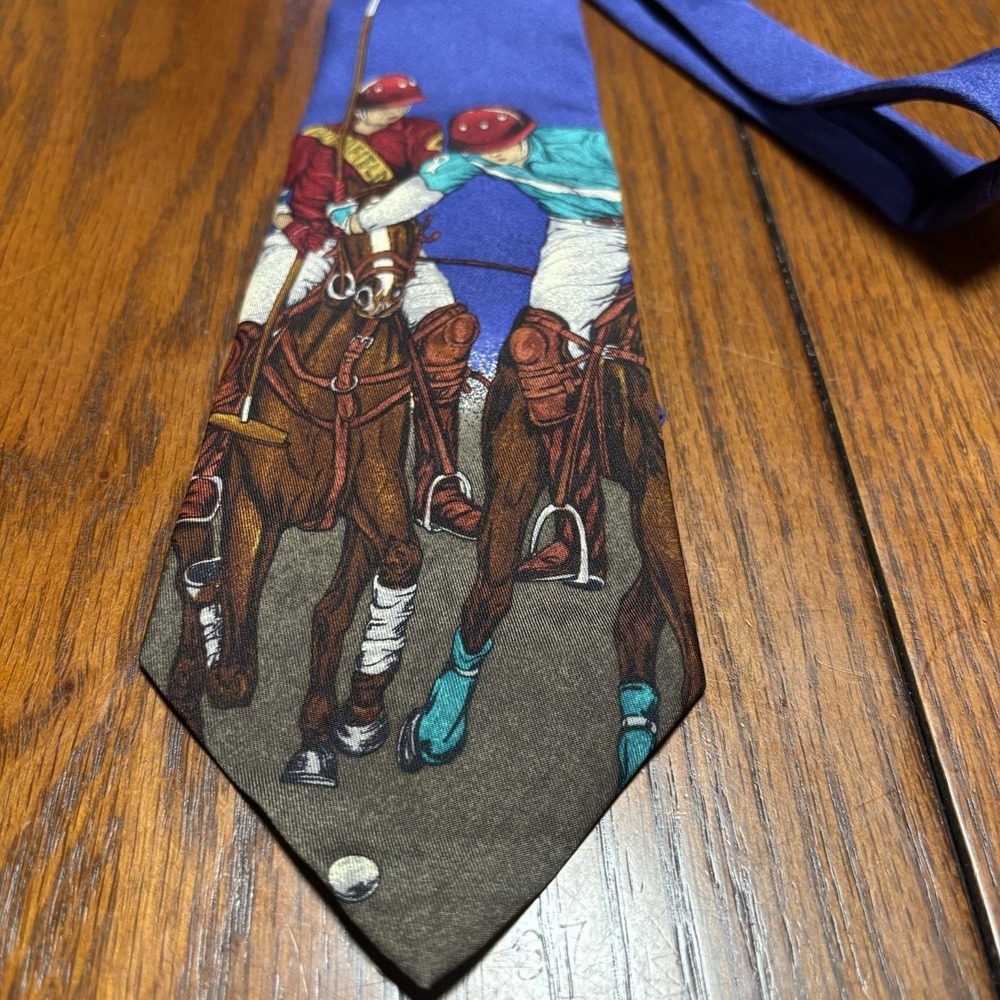 Vintage Polo By Ralph Lauren Handmade Silk Necktie Equestrian Large Print - Picture 2 of 5